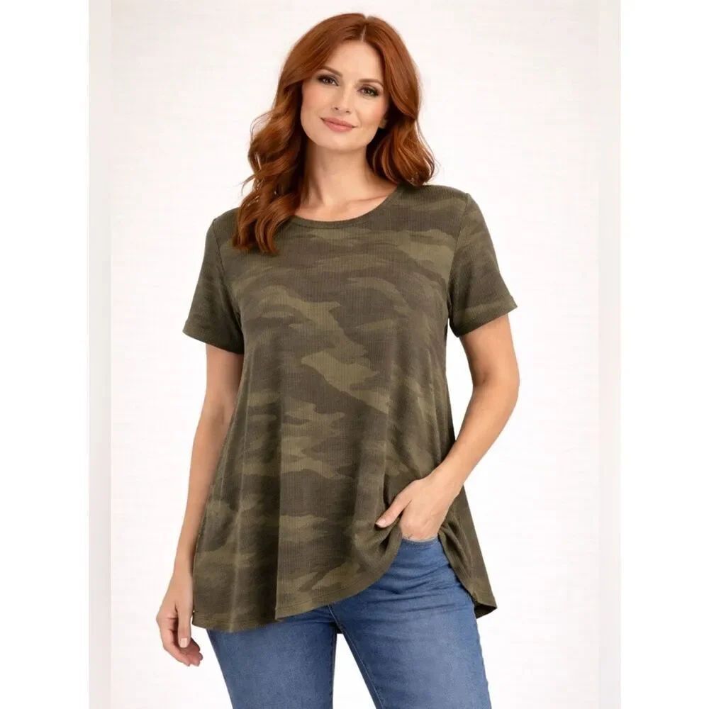 Anthropologie JODIFL Olive Camouflage Short Sleeve Top Coastal Cowgirl Vibes